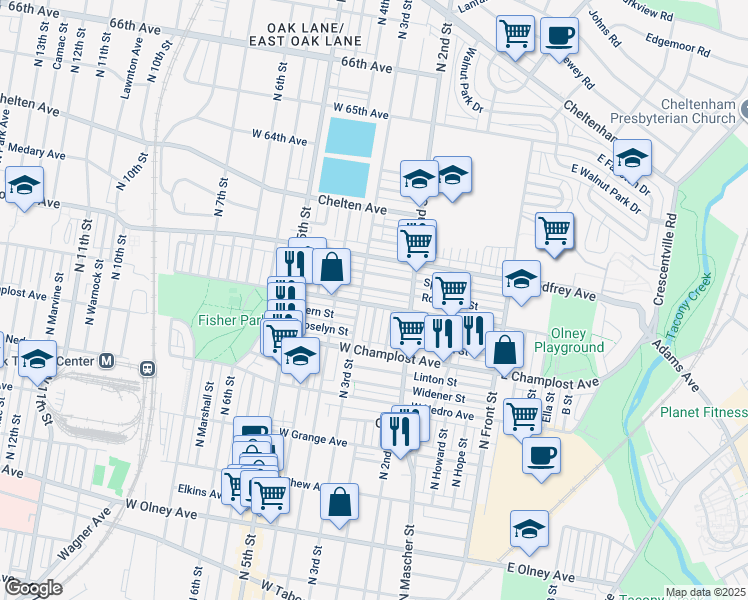 map of restaurants, bars, coffee shops, grocery stores, and more near 253 West Spencer Avenue in Philadelphia