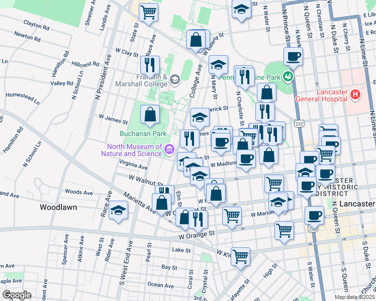 map of restaurants, bars, coffee shops, grocery stores, and more near 426 Nevin Street in Lancaster