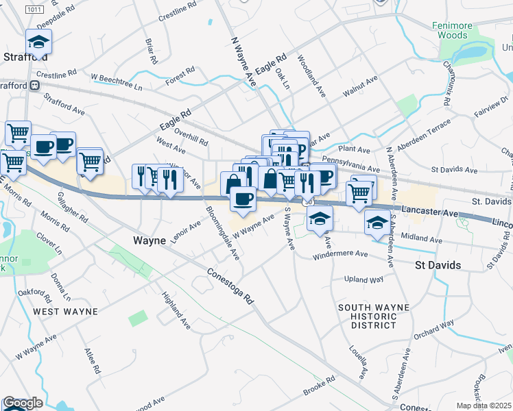 map of restaurants, bars, coffee shops, grocery stores, and more near 126 Lancaster Avenue in Wayne