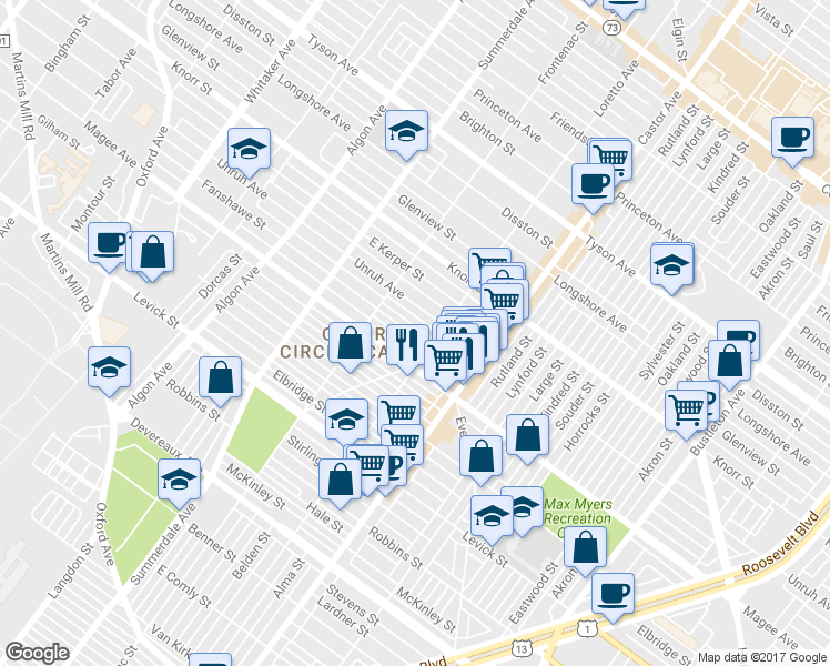 map of restaurants, bars, coffee shops, grocery stores, and more near 1348 Fanshawe Street in Philadelphia