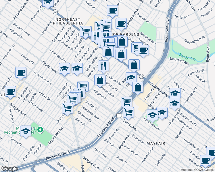 map of restaurants, bars, coffee shops, grocery stores, and more near 2146 Friendship Street in Philadelphia