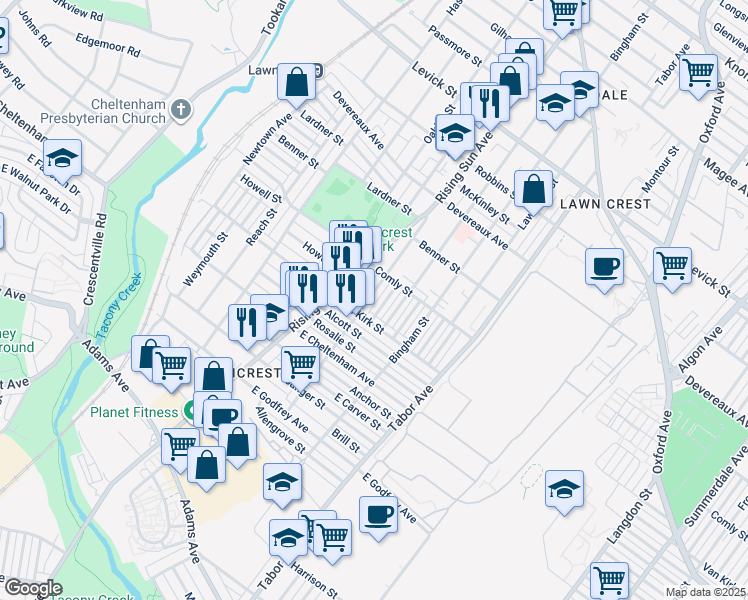 map of restaurants, bars, coffee shops, grocery stores, and more near 5929 Colgate Street in Philadelphia