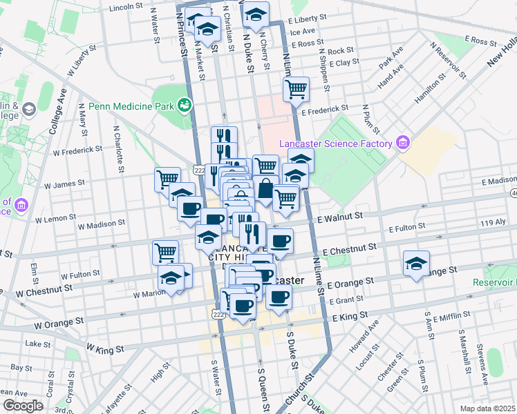 map of restaurants, bars, coffee shops, grocery stores, and more near 337 North Christian Street in Lancaster