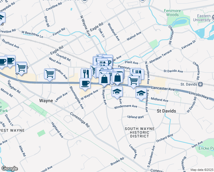 map of restaurants, bars, coffee shops, grocery stores, and more near 118 West Lancaster Avenue in Wayne