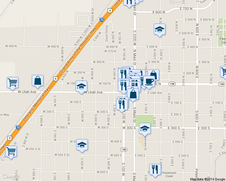 map of restaurants, bars, coffee shops, grocery stores, and more near 196 West Utah Avenue in Payson