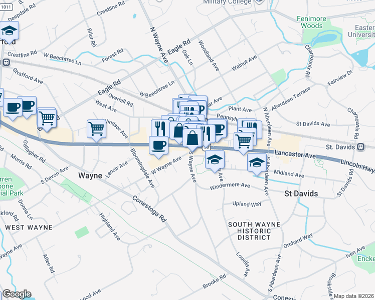 map of restaurants, bars, coffee shops, grocery stores, and more near 100 West Lancaster Avenue in Wayne