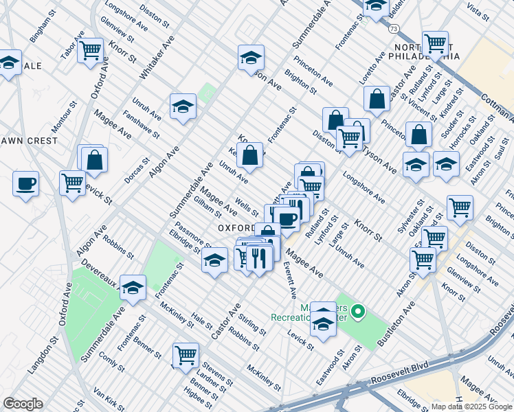map of restaurants, bars, coffee shops, grocery stores, and more near 1348 Fanshawe Street in Philadelphia