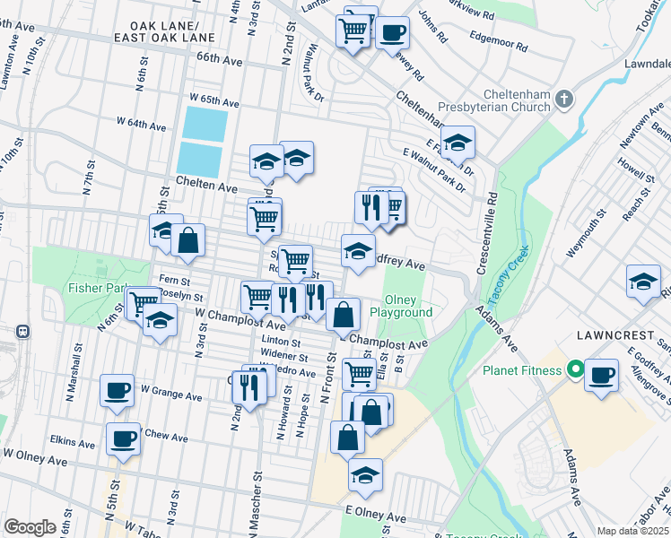 map of restaurants, bars, coffee shops, grocery stores, and more near 96 Sparks Street in Philadelphia