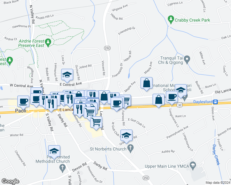 map of restaurants, bars, coffee shops, grocery stores, and more near 20 Maple Avenue in Paoli