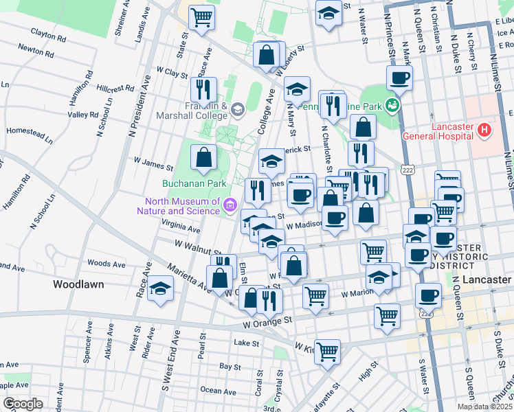 map of restaurants, bars, coffee shops, grocery stores, and more near 426 Nevin Street in Lancaster
