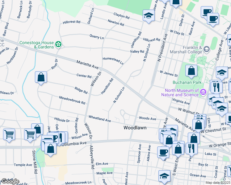 map of restaurants, bars, coffee shops, grocery stores, and more near 154 North School Lane in Lancaster