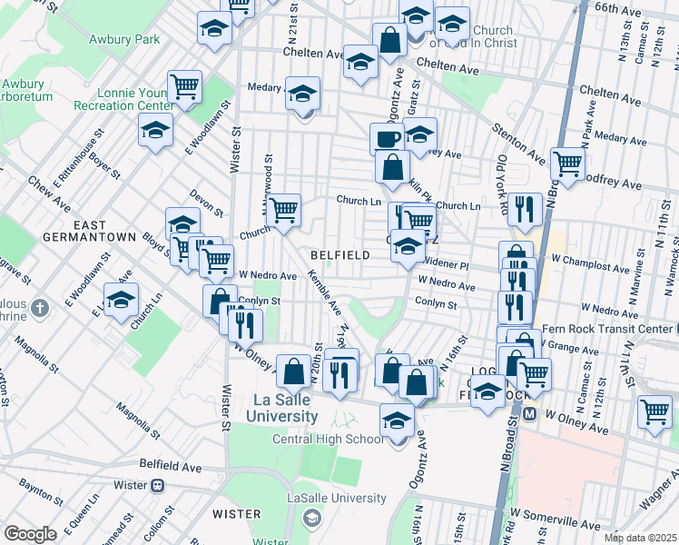 map of restaurants, bars, coffee shops, grocery stores, and more near 1923 West Nedro Avenue in Philadelphia