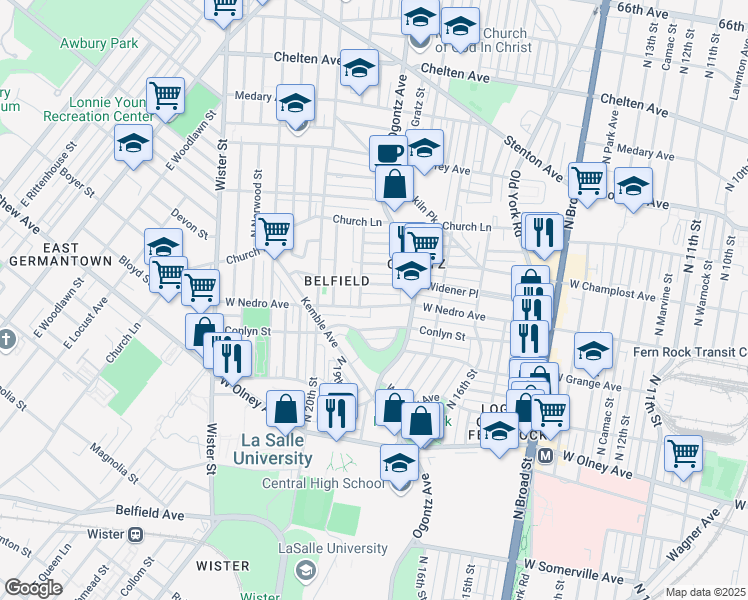 map of restaurants, bars, coffee shops, grocery stores, and more near 1849 West Nedro Avenue in Philadelphia