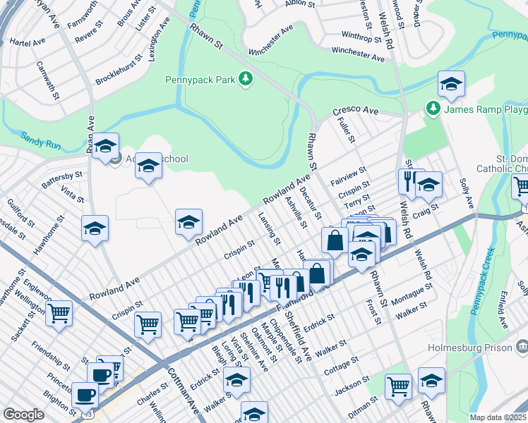 map of restaurants, bars, coffee shops, grocery stores, and more near 3309 Lansing Street in Philadelphia
