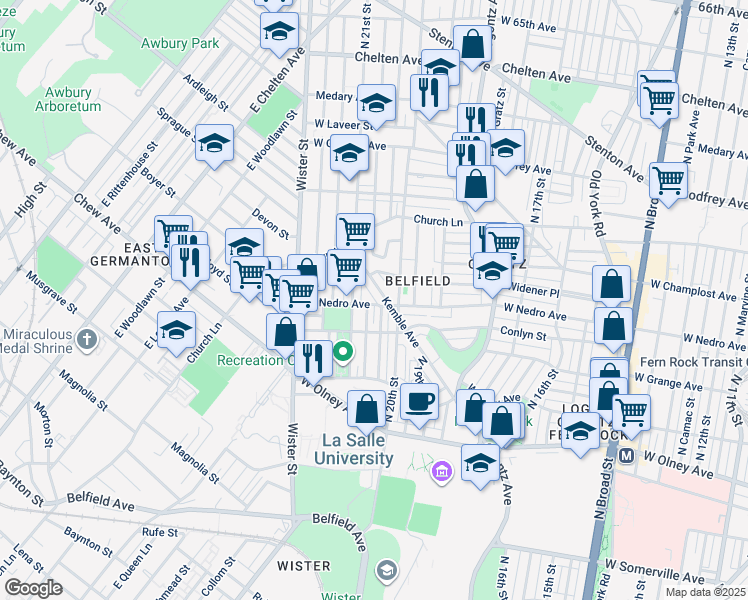 map of restaurants, bars, coffee shops, grocery stores, and more near 2019 West Nedro Avenue in Philadelphia