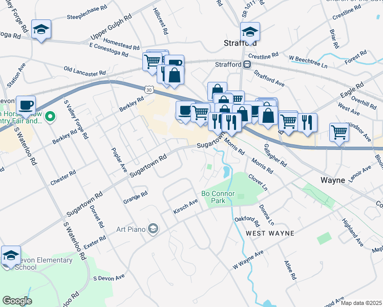 map of restaurants, bars, coffee shops, grocery stores, and more near 289 Sugartown Road in Wayne