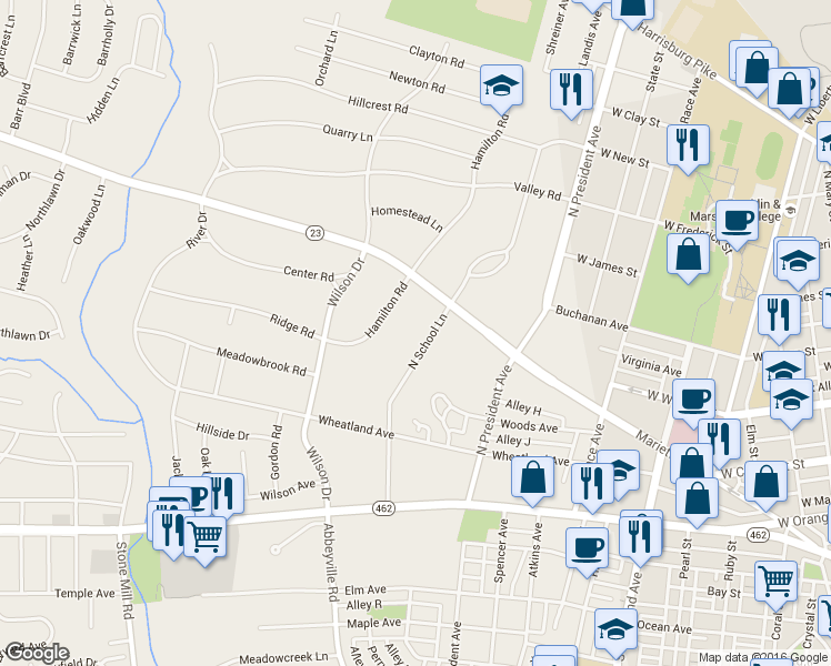 map of restaurants, bars, coffee shops, grocery stores, and more near 154 North School Lane in Lancaster