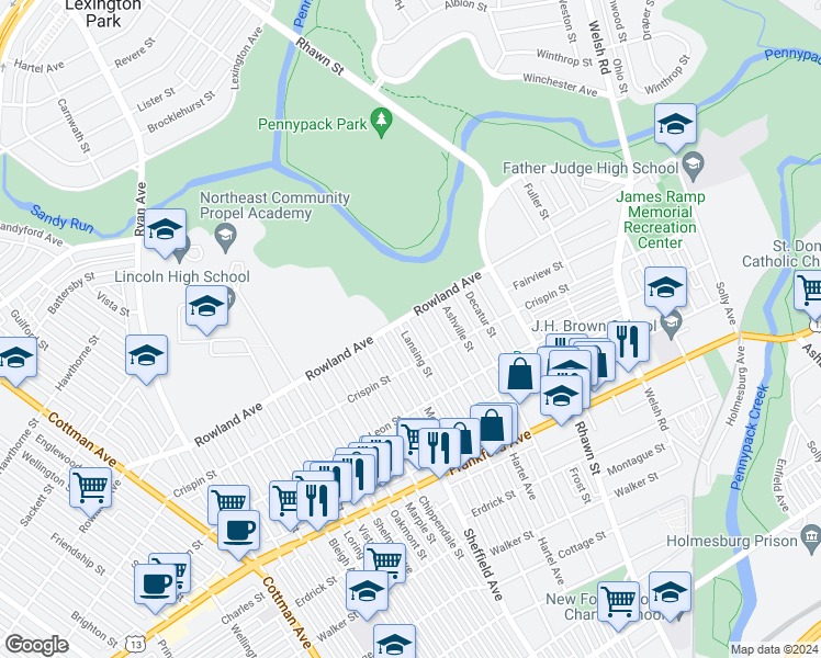 map of restaurants, bars, coffee shops, grocery stores, and more near 3309 Lansing Street in Philadelphia