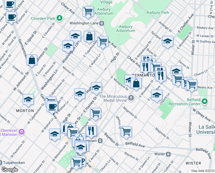 map of restaurants, bars, coffee shops, grocery stores, and more near 452 East Haines Street in Philadelphia