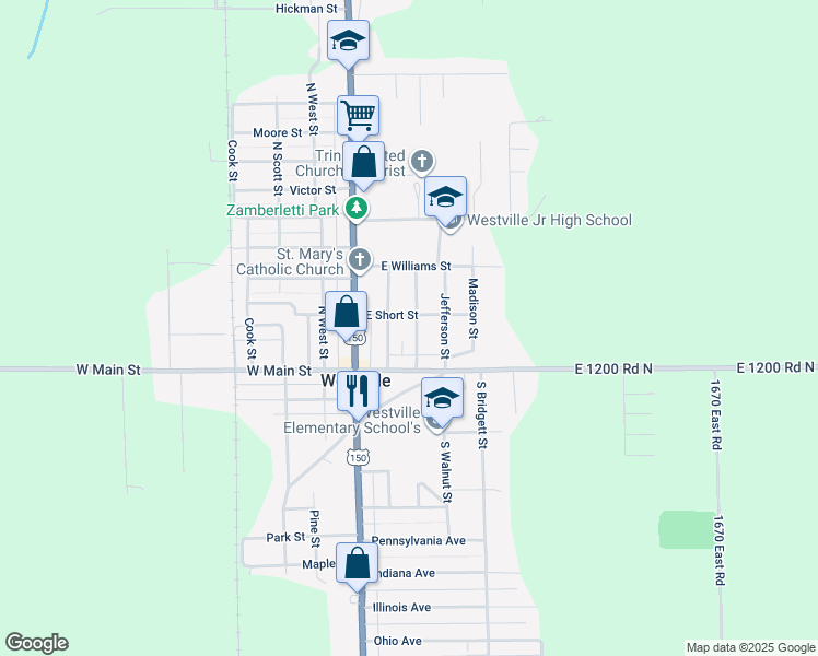 map of restaurants, bars, coffee shops, grocery stores, and more near 201 Adams Street in Westville