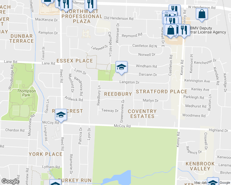 map of restaurants, bars, coffee shops, grocery stores, and more near 1461 Bridgeton Drive in Columbus