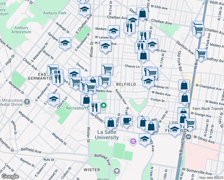 map of restaurants, bars, coffee shops, grocery stores, and more near 2019 West Nedro Avenue in Philadelphia