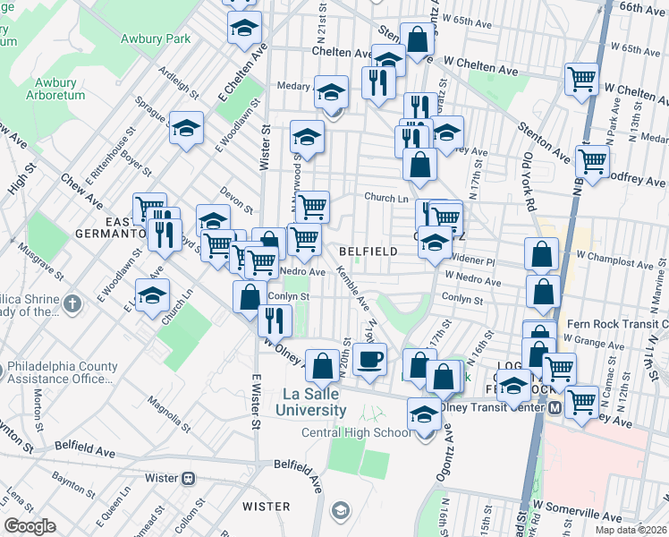 map of restaurants, bars, coffee shops, grocery stores, and more near 5906 Kemble Avenue in Philadelphia