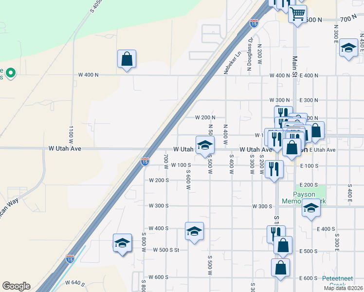 map of restaurants, bars, coffee shops, grocery stores, and more near 596 West Utah Avenue in Payson