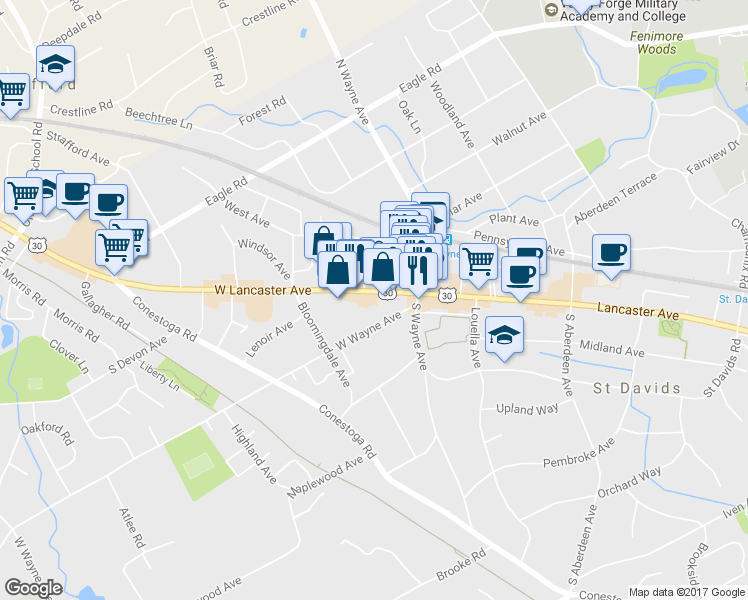 map of restaurants, bars, coffee shops, grocery stores, and more near 122 West Lancaster Avenue in Wayne
