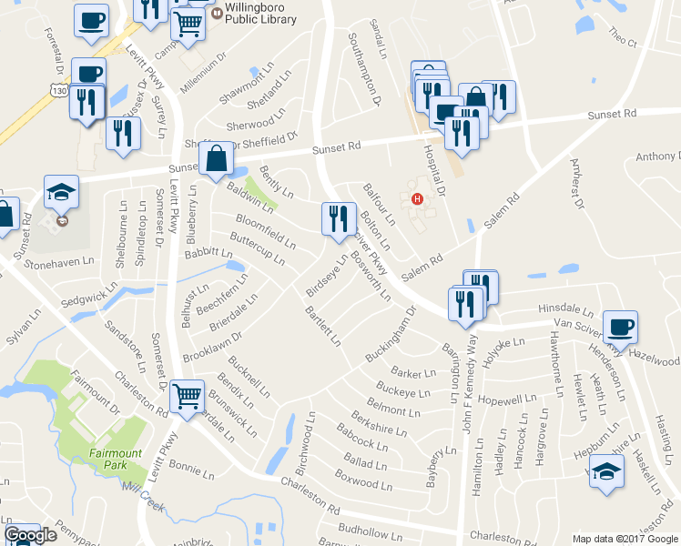 map of restaurants, bars, coffee shops, grocery stores, and more near 26 Birdseye Lane in Willingboro