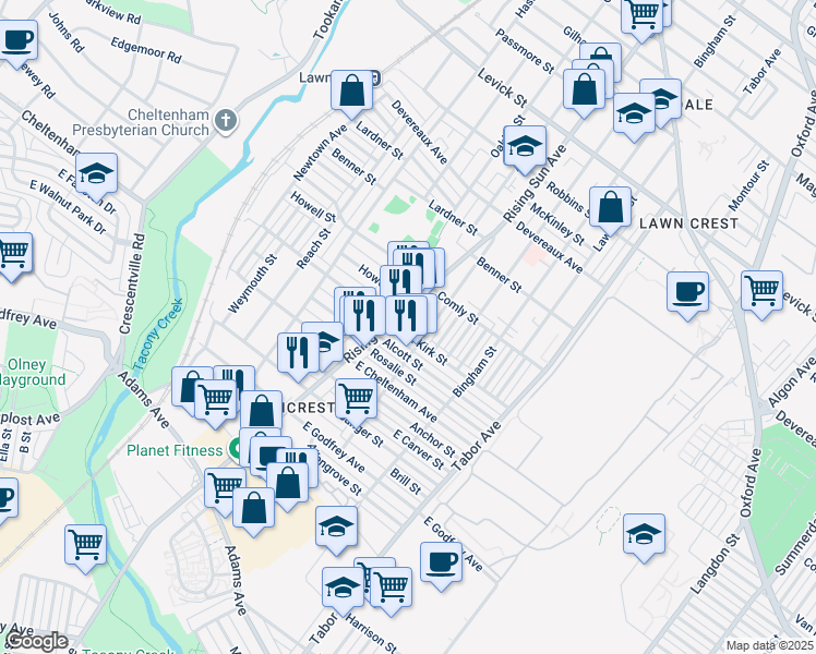map of restaurants, bars, coffee shops, grocery stores, and more near 519 Van Kirk Street in Philadelphia