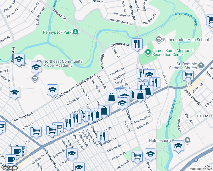 map of restaurants, bars, coffee shops, grocery stores, and more near 3401 Decatur Street in Philadelphia