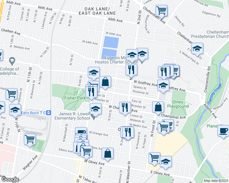 map of restaurants, bars, coffee shops, grocery stores, and more near 271 West Spencer Street in Philadelphia