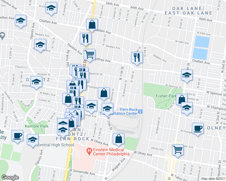 map of restaurants, bars, coffee shops, grocery stores, and more near W Champlost Ave & N Marvine St in Philadelphia