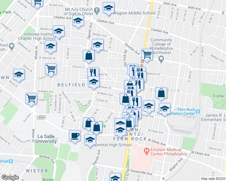 map of restaurants, bars, coffee shops, grocery stores, and more near 1600 Widener Place in Philadelphia
