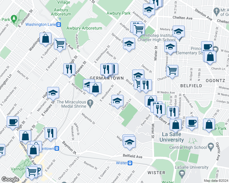 map of restaurants, bars, coffee shops, grocery stores, and more near 5619 Crowson Street in Philadelphia