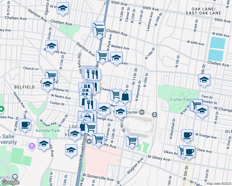 map of restaurants, bars, coffee shops, grocery stores, and more near 5947 North Camac Street in Philadelphia