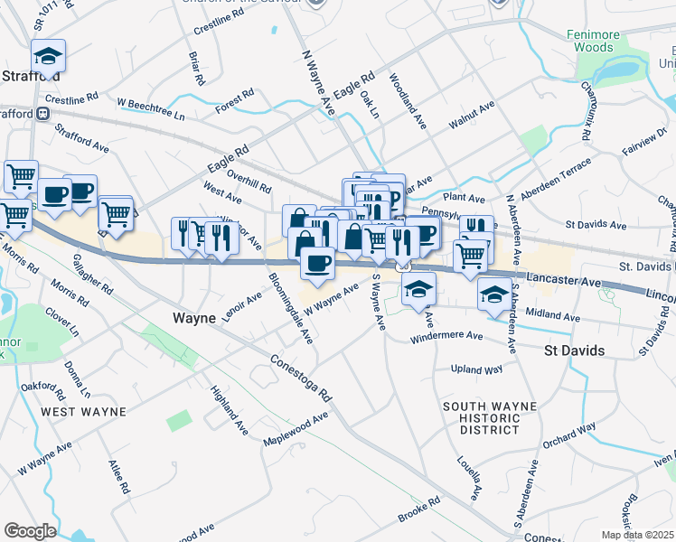 map of restaurants, bars, coffee shops, grocery stores, and more near 122 West Lancaster Avenue in Wayne
