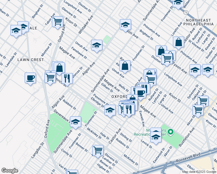 map of restaurants, bars, coffee shops, grocery stores, and more near 1243 Gilham Street in Philadelphia