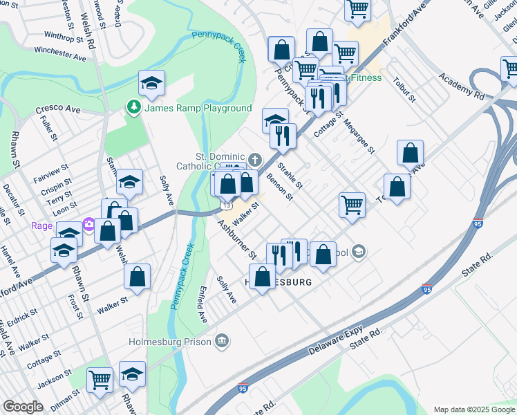 map of restaurants, bars, coffee shops, grocery stores, and more near 4302 Blakiston Street in Philadelphia