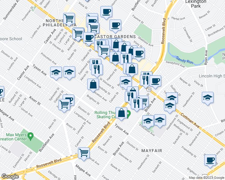 map of restaurants, bars, coffee shops, grocery stores, and more near 2214 Saint Vincent Street in Philadelphia