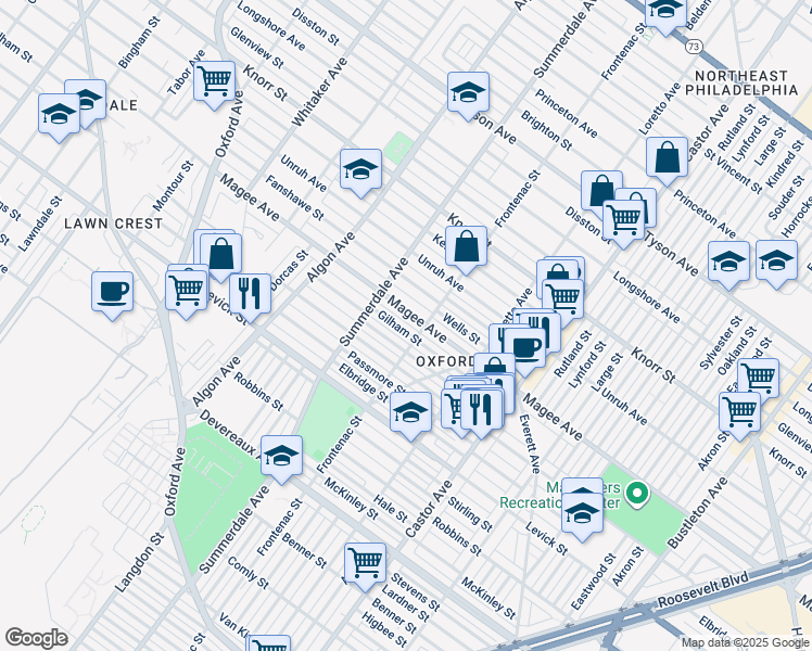 map of restaurants, bars, coffee shops, grocery stores, and more near 1243 Gilham Street in Philadelphia