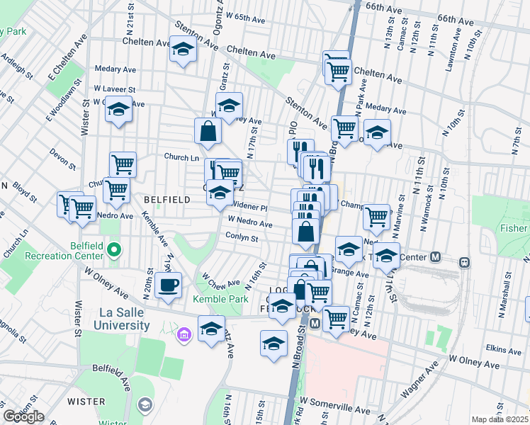 map of restaurants, bars, coffee shops, grocery stores, and more near 1600 Widener Place in Philadelphia