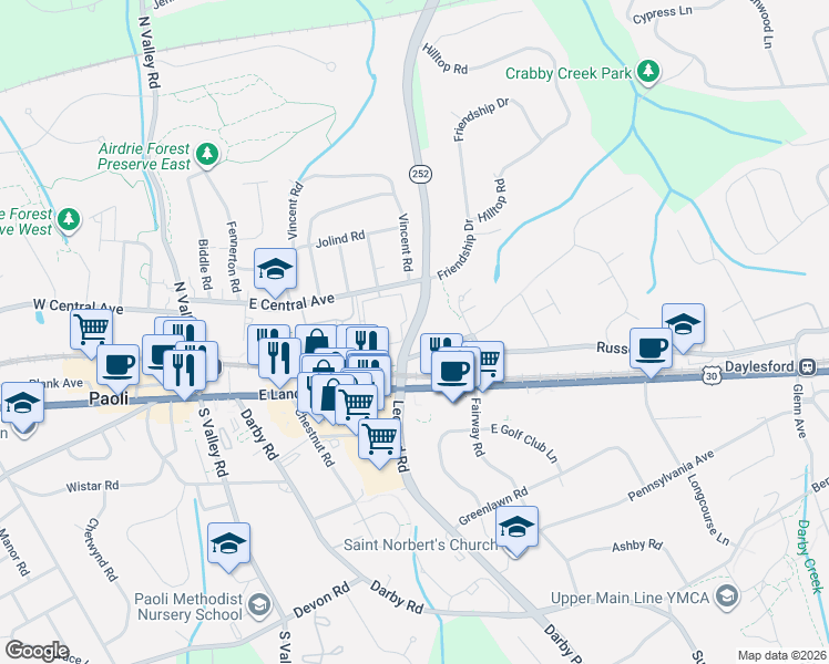 map of restaurants, bars, coffee shops, grocery stores, and more near 523 Paoli Pointe Drive in Paoli