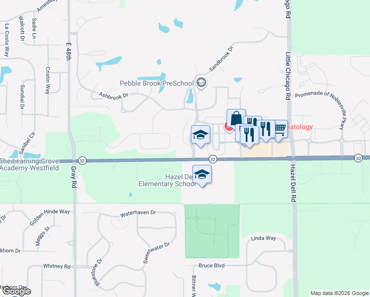 map of restaurants, bars, coffee shops, grocery stores, and more near 17665 Crown Pointe Court in Noblesville