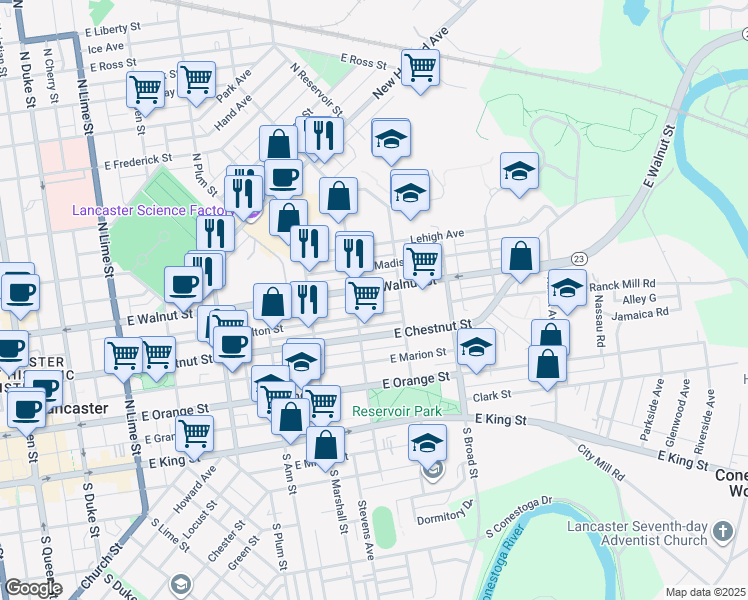 map of restaurants, bars, coffee shops, grocery stores, and more near 708 Pennsylvania 23 in Lancaster