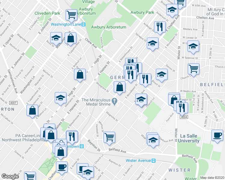 map of restaurants, bars, coffee shops, grocery stores, and more near 614 East Stafford Street in Philadelphia