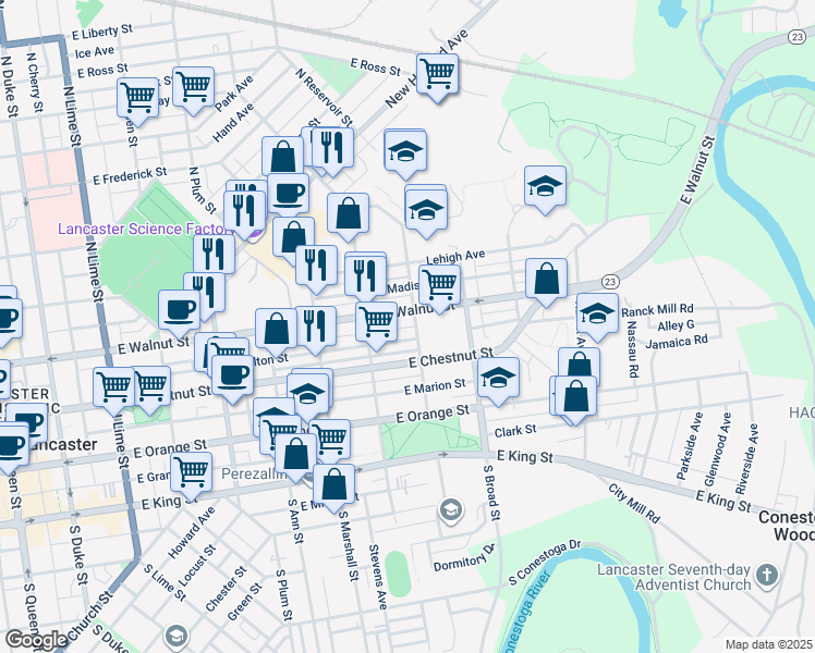 map of restaurants, bars, coffee shops, grocery stores, and more near 242 North Reservoir Street in Lancaster