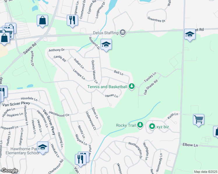 map of restaurants, bars, coffee shops, grocery stores, and more near 33 Haven Lane in Burlington