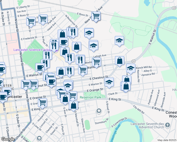 map of restaurants, bars, coffee shops, grocery stores, and more near 242 North Reservoir Street in Lancaster